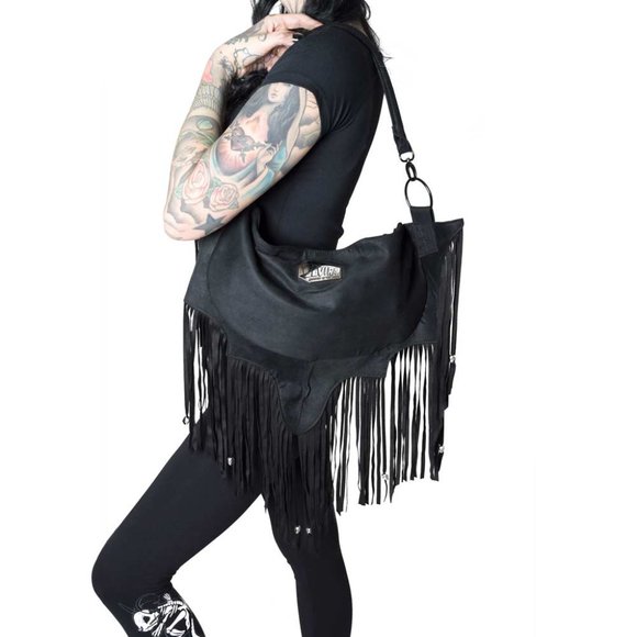 Handbags - ELVIRA Black Bat Wing Large Vegan Suede Fringe Purse NWT